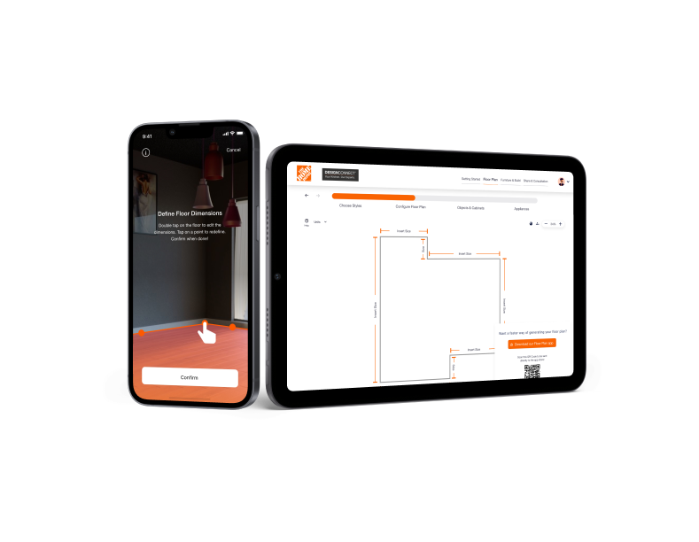 An iPhone and iPad mockup of the Home Depot customer experience app for measuring an interior space.