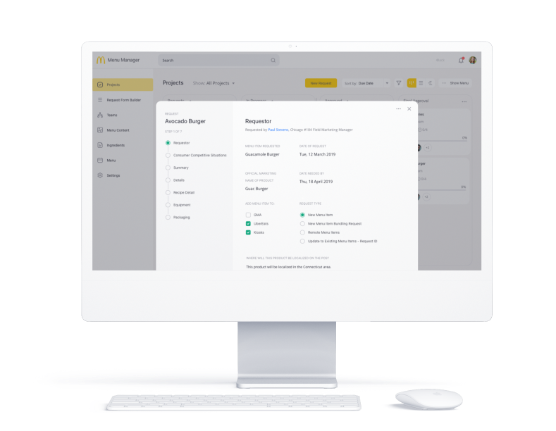 An iMac mockup of the McDonald's Menu Manager user interface.